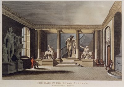 Uomo che disegna una scultura nella sala della Royal Academy of Arts a Somerset House, 1810 da English School